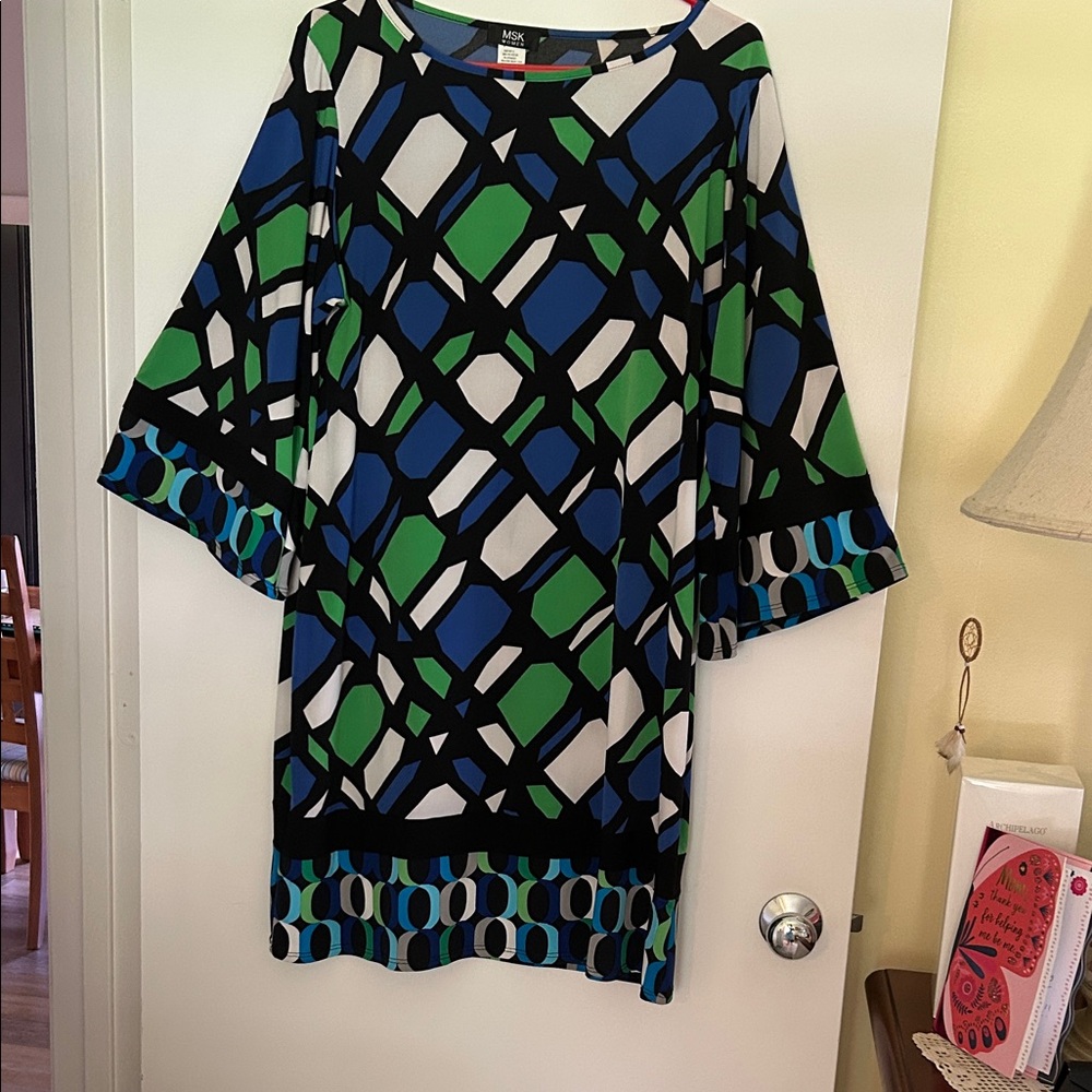 MSK Long Sleeve Dress - Blue, Green, Black Geometric